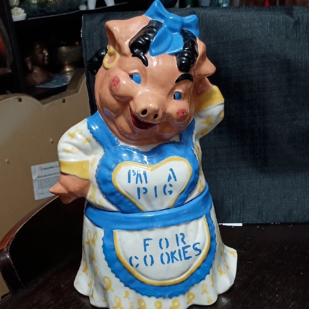 Pig Cookie Jar with Blue Accents